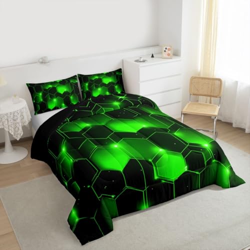 Image of Feelyou Geometrics Honeycomb Bedding Set Kids Toddler King, Beehive Geometric Comforter Set Honeycomb with Green Yellow Neon Lights Comforter Hexagonal Duvet Set Durable Quilt Set King Size