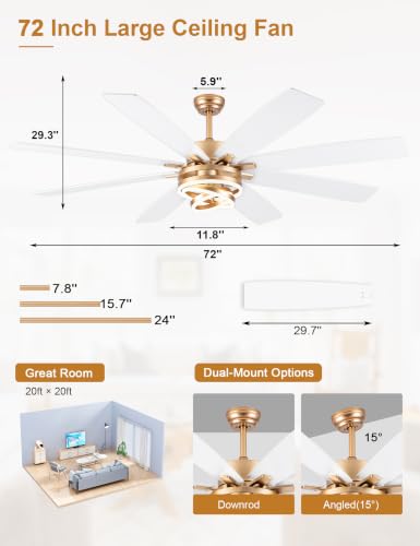 Image of 72'' Large Modern White and Gold Ceiling Fans with Lights