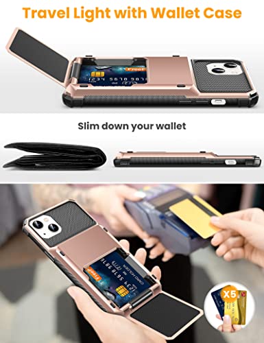 Titacute For Iphone 14 13 Case Wallet 5 Credit Card Holder Flip Cover Design Id Slot Back Pocket Dual Layer Armor Scratch Resistant Hard Shell Hybrid Protective Bumper For Iphone 14 6.1 Rose Gold #TOP3