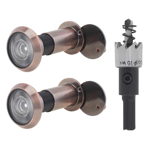 HOJLKLD Door Viewer Peephole, 2 Pack 200 Degree Sold Brass Peep Hole with 5/8" (16 mm) Drill Bit for 1-1/2" to 2-3/8" Doors, 2 Pack Security Front Door Viewer with Privacy Cover (Antique Copper)
