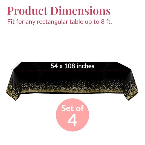 Prestee 4 Pack Gold and Black Table Cloth Rectangle Table Covers 54 x 108 Inches - Plastic Table Cloth Disposable for Parties, Dining and Events - Black Tablecloths for Weddings and Celebrations - Image 4