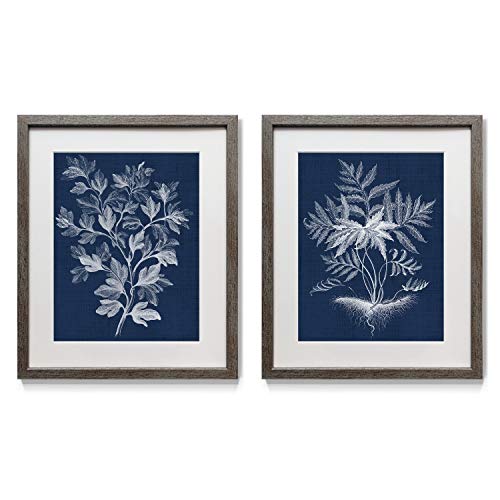 Renditions Gallery Leafy Branches 2 Framed Artwork Set, Colorful Floral, Botanical, Flower Art, White & Blue Sketch, Distressed Silver Frame & White Mat, Plexiglass, 16 In W X 20 In H, Made in America