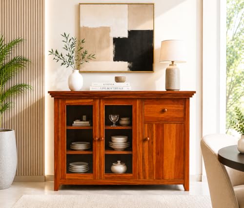 Image of Kitchen Crockery Cabine Units, Wood Kitchens Cabinet with Glass Door, Kitchen Storage Cabinet, Wooden Chests of Drawers & Dressers, Sideboard Cabinets for Living Room, Honey Finish