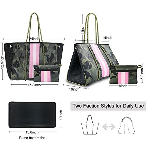 TRANBO Woman Neoprene Beach Tote Bag Large Sand proof Handbags with Wristlet for Summer Vacation Pool Beach Gym (c-Camo)3