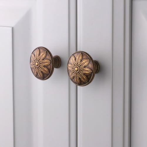 Image of 4 Pack Antique Brass Cabinet Knobs Vintage Dresser Knobs Drawer Knobs,1.4 inch Round Vintage Kitchen Cabinet Knobs Handles for Cabinets and Dresser Drawers Rustic