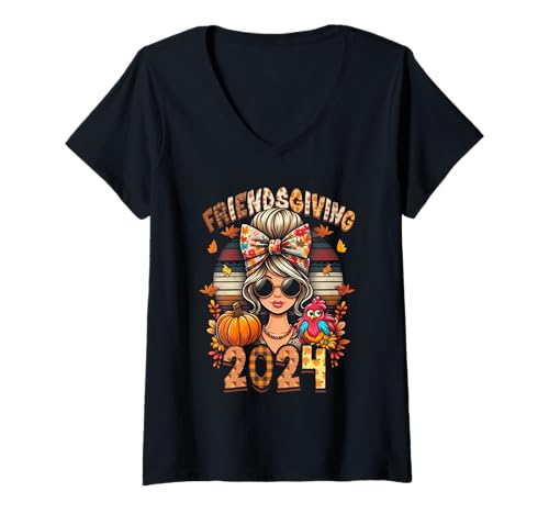 Womens Friends Giving 2024 Thanksgiving Friendsgiving Messy Bun V-Neck T-Shirt