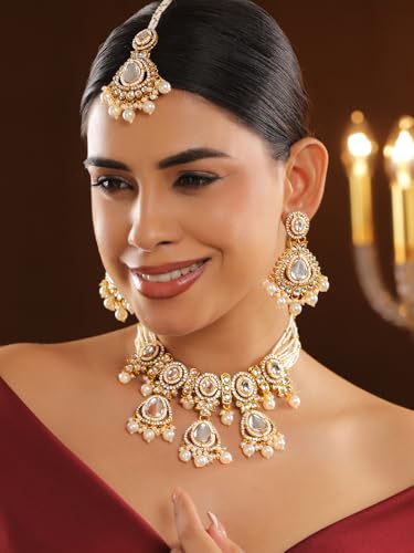 Image of Rubans Necklace Maangtikka Set Gold Plated Kundan & Pearl Jewellery Gift for Women & Girls