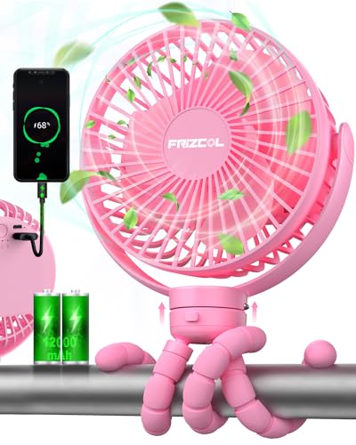 Image of FRIZCOL Portable Stroller Fan, Use As Power Bank, 55H 12000mAh Battery Operated Fan Flexible Tripod Baby Car Seat Fan, Personal Mini Handheld/Desk/Small Clip On Fans For Stroller, Carseat (Pink)