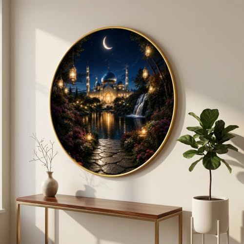 Image of SAF Islamic Mosque Night View Round Wall Painting with Premium PVC Golden Frame, Crescent Moon Garden Waterfall Art, Muslim Home Decor for Living Room Prayer Room (23 x 23 Inch) GR-427