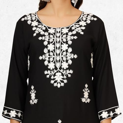 Image of Women's Chikankari-Lucknowi Embroidered Work| 3 /4 Sleeves | Knee Length | Round Neck | Soft Fabric | Straight Rayon Kurta