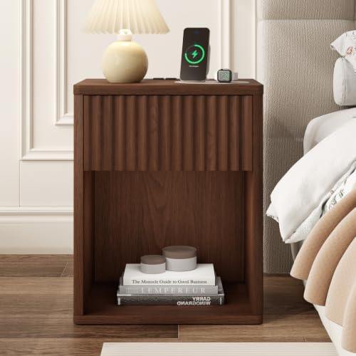 Image of Fluted Nightstands Set of 2 w /Charging Station, Wooden End Table Bed Side Table with Curved Drawer, Mid Century Modern Fluted Night Stand with Rounded Edge for Bedroom, Living Room Sofa, Walnut