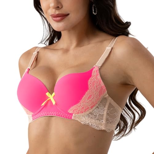 Image of YooMee Push Up Bra for Women,Lace Bras with Underwire Cups,Comfort Padded T-Shirt Bra Add One Cup