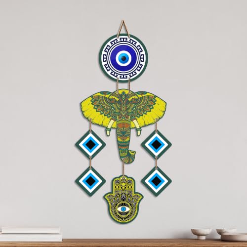 Image of Artvibes Colorful Elephant Evil Eye Wall Hanging for Home Entrance | Lucky Elephant MDF Nazar Battu Decor | Vastu Decorative Wall Art for Living Room | Bedroom | Balcony | Gift Item (WH 8550N)