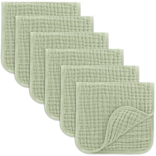 Image of Comfy Cubs Muslin Burp Cloths 20" x 10", Pack of 6 - Large, 6-Layer, Ultra Absorbent 100% Cotton for Baby Drool and Messes - Soft, Safe & Gentle Baby Burp Cloths Set for Boys & Girls - Sage