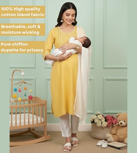 Image of DUMMY SHAPE Feeding Dresses for Women Full Set | Cotton Blend Floral Embroidered Kurta Pant Dupatta Suit with Nursing Zippers to Pre & Post Pregnancy | Gift for Pregnant Woman