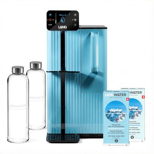 LANGWATER Reverse Osmosis & Mineralisation Water Filter Countertop TheWell 2 - Alkaline & Hot Water Dispenser - Plug & Drink Purifier (NSF58 RO, UV) & 2 Mineral Packs with 2 Glass Bottles