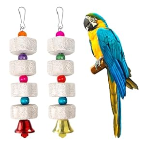 Fonyet 2 Stück Großes Papageienspielzeug Vogel Kauspielzeug Mineralstein Backenzahn Spielzeug mit Glocke, Kalkstein für Wellensittiche, Aras, Afrikanische Graue Kakadus, Nymphensittich