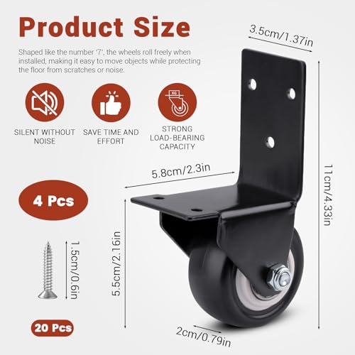 2 in 4 Pieces Side Mount Casters Heavy Duty, Rubber L Shape Plate Wheels for Furniture Set, Black Furniture Locking Casters for Table Cabinet Toolbox Loading Capacity