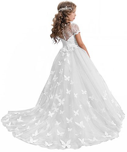 Abao Sister Elegant Long Lace Applique Flower Girl Dress Wedding Birthday Dress Size 4 White #TOP1
