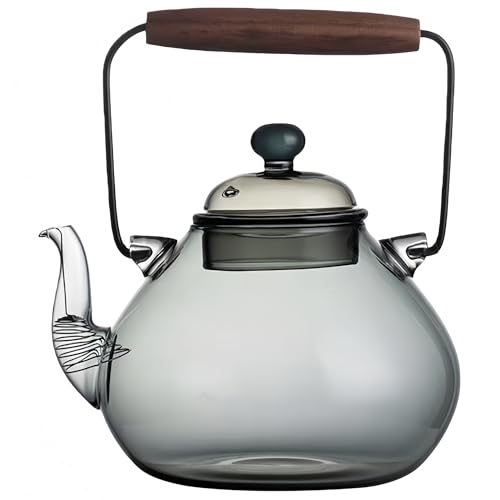 LightRise耐熱ガラスポットきゅうす ティー ティー紅茶透明直火可花茶麦茶茶直火電気ケトル対応 テンレス茶こし一体型蓋 大容量 茶こし付き ガラス製 ハンドル付きガラス漏れのない家庭用高ホウケイ酸木製ハンドル付き大容量 (スモークグレー-1000ml