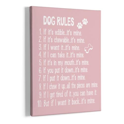 HIWX Dog Wall Art - Funny Quote Rules Framed Canvas Painting, Lover Sayings Artwork Home Decoration For Living Room Bedroom Bathroom 11x14 Inch (Pink)