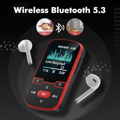 Image of 64GB MP3 Player Bluetooth 5.3 with Clip, HiFi Sport Music Player, 1.5 Inch Screen MP3 Player for Kids with Physical Buttons, FM Radio /Pedometer /Voice Recorder, Weighs Only 28g, TF Card Up to 128G(Red)