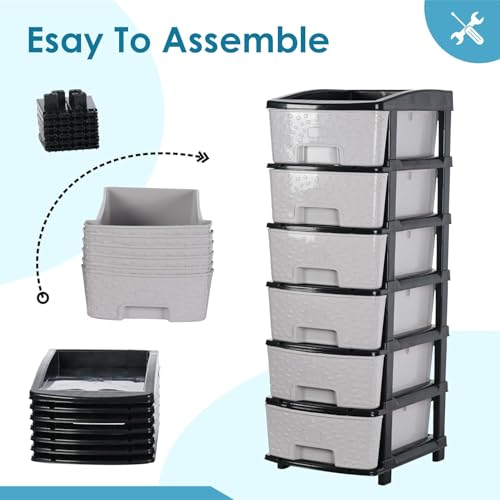 Image of Amazon Basics Plastic 6 Tier Multipurpose Modular Drawer Storage Rack | Kitchen & Home Essentials Organizer Storage Box Cabinet | Almira Set for Stationary, Kitchen, Cosmetic | Black & Grey