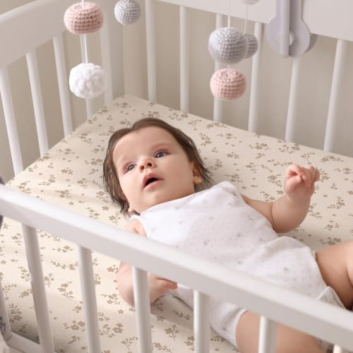 Image of Peryiter 4 Pack Crib Sheets Brown Retro Floral Soft Baby Bed Sheet Set 52'' x 28 inch Nursery Crib Sheets for Standard Bed Toddler Mattress Nursery Decor Boys Girls Kids