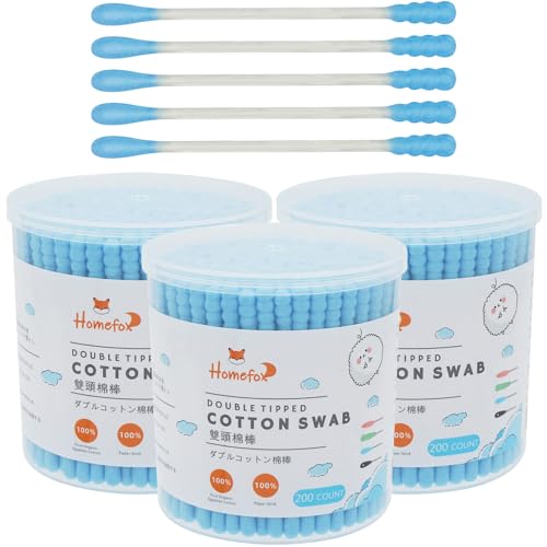Blue Cotton Swabs Spiral - 600 Count Organic Cotton Buds Double Side Tightly Wrapped Cotton Tips Paper Stick Soft Gentle Lint-Free Cruelty-Free, Round &amp; Spiral (Blue)