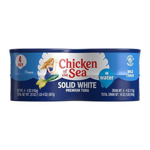 Chicken of the Sea Solid White Premium Albacore Tuna in Water, 5 oz. Cans (Pack of 4), Wild Caught Tuna