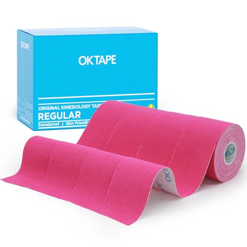 Image of OK TAPE Kinesiology Tape (4 Pack) Latex Free Cotton Uncut 2in x 16.4ft | Regular Original Elastic Water Resistant Therapeutic Athletic Tape for Support Muscle Joint Knee Injury Recovery Pink