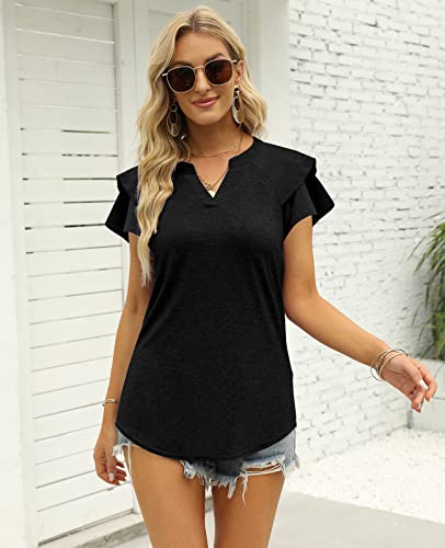 Lukycild Womens Ruffle Short Sleeve Tops V Neck T Shirts Dressy Casual Tunic Blouse A-Black #TOP2