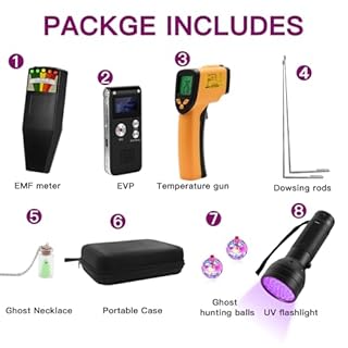 9Pcs Ghost Hunting Equipment Kit Include 1EMF Meter 1 EVP Radio 1 UV Flashlight 2 Dowsing Rods 2 Cat Balls 1 Ghost Necklace 1 Temperature Gun for Professional Paranormal Investigations,Indoor&Outdoor