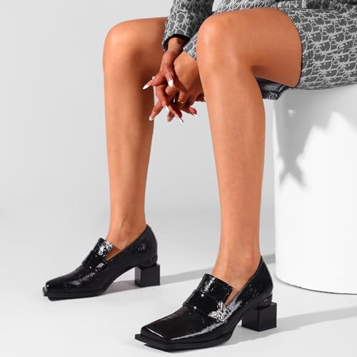 Image of Loafers for Women Patent Leather Buckle Square Toe Chunky Block Dress Slip On Wide Casual Comfortable Dressy High Heels Ladies Comfort Moccasins Elegantes 2 Inch Shoes