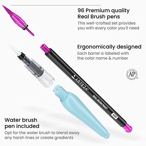 Arteza Real Brush Pens, 96 Paint Markers With Flexible Brush Tips, Professional Watercolor Pens For Painting, Drawing, Coloring With Water Brush, 100% Nontoxic #TOP3