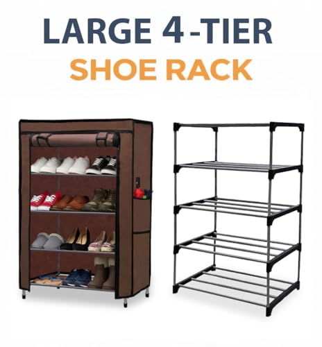 Image of Metal Shoe Stand with Cover, 4 Tier Shoe Organizer for Home & Office - Brown