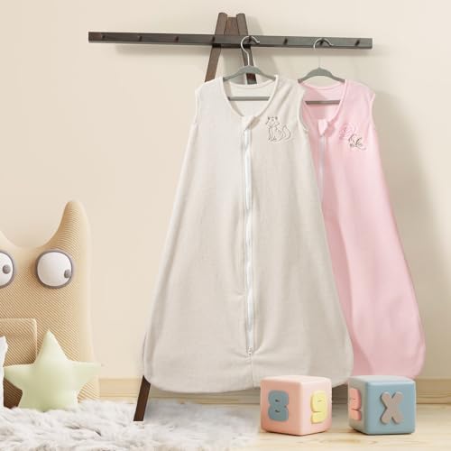 Image of PHF Warm Micro-Fleece Baby Sleep Sack 18-24 Months, Soft Baby Wearable Blanket, 2-Way Zipper Sleeping Bags, 2 Pack Comfy Sleeping Sack for Infant Newborn Girls, X-Large Size, Oat Milk & Pink