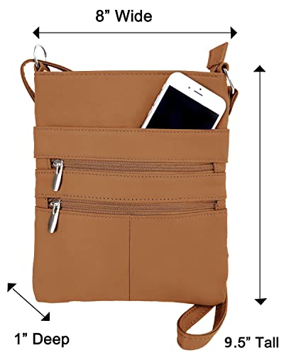 Roma Leathers Mini Cross Body Purse - Multi Pocket Double Zipper Handbag - Premium Light Brown Leather - Adjustable Shoulder Strap - Convenient Travel Bag - Designed in the U.S.A.4