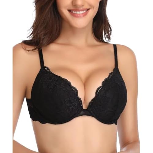 Vertvie Damen BH Set Spitze V Push Up Bügel BH Bra und Slip Unterwäsche Lingerie Panty Dessous Sets(75B, 1 Rot + 1 Schwarz) 3 Deyllo Damen Push Up BH mit Blumen Spitze Schalen Bügel BH Gepolstert Elegant(Schwarz,75B)
