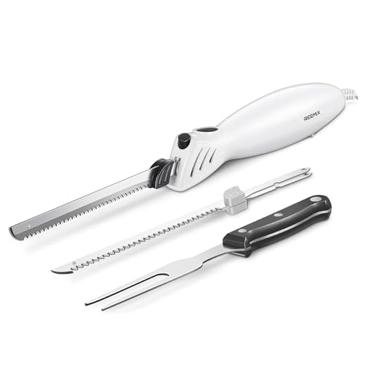 Reemix Coltello Elettrico, 15cm Coppie di lame di coltello in acciaio inossidabile con denti fini e grossolani, Coltello Affetta Carne, Pane e Pesce Congelato, Potenza 100W (bianco latte)