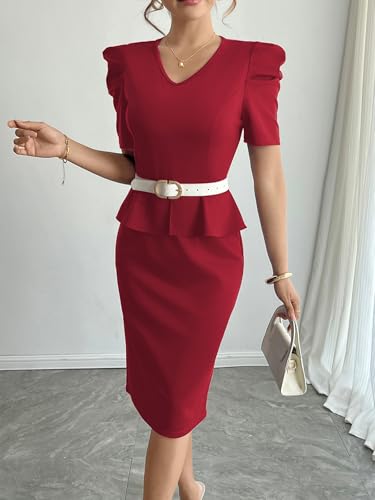 Mokayee Womens Summer Puff Sleeve V Neck Peplum Church Business Work Pencil Dresses4