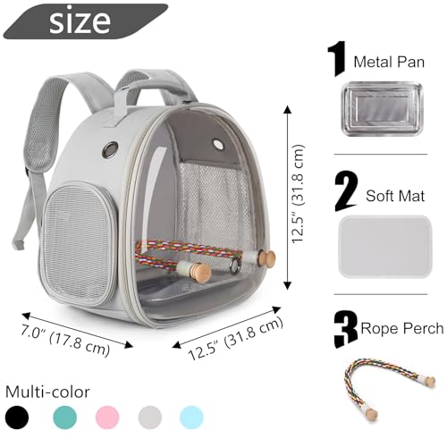 Image of Small Bird Travel Backpack Carrier Cage, Backpack to Transport Backpack Carrier with Metal Tray Stand Perch for Parakeet Cockatiel Budgies Vet Carry Book Bag Grey