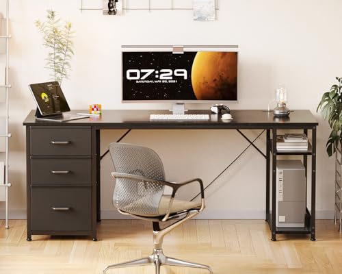 Image of AODK 63 Inch Computer Desk with Drawers & USB Power Outlets, Reversible Home Office Desk with Storage Shelves, Work from Home, Modern Work /Writing /Study Table for Bedroom, Black