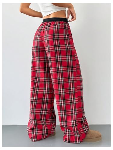 SHENHE Women's Wide Leg Baggy Plaid Pants Y2k Drawstring Low Rise Loose Lounge Trousers2