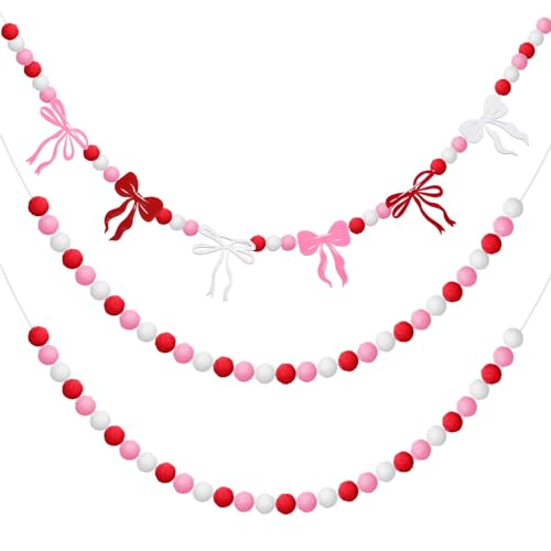 Breling 3 Pieces Valentine's Day Garland Felt Ball Garland, 10ft Pompom Bow Valentines Decorations Banner for Mantle Fireplace Room Valentine Hanging Decor