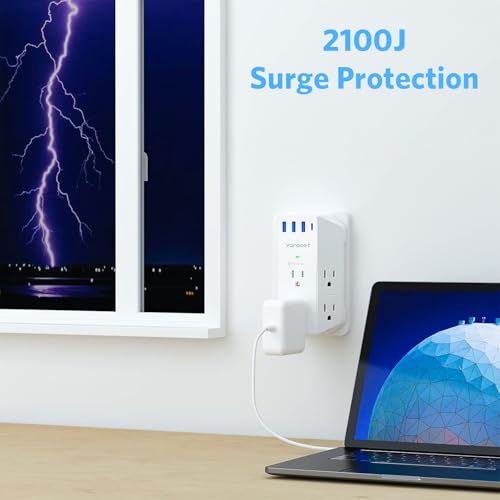 Extensión de toma múltiple Vansoet con 6 salidas y 4 puertos USB (1 USB C PD 20W), protector de sobretensión de 2100J, tomas en 3 lados para viaje, hogar, oficina, dormitorio miniatura 7