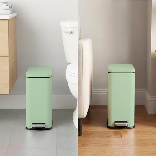 Image of iTouchless 3 Gallon Small Wastebasket for Bathroom with Lid, Deodorizer, Soft-Step Stainless Steel Slim Garbage Bin, 12 L Pastel Green Small Trash Can, Step Pedal Retro Soft-Toned Decor for Restroom
