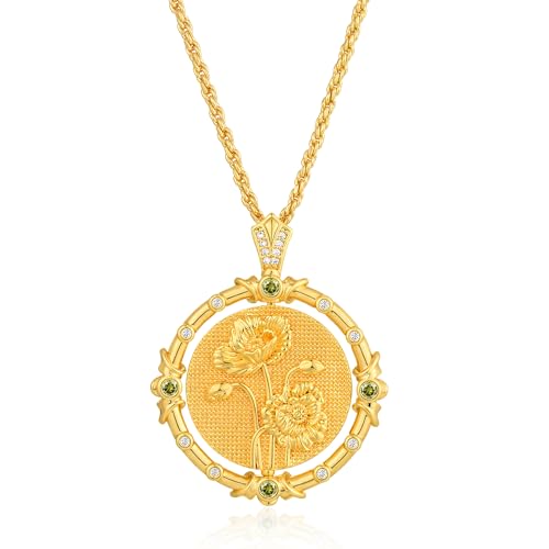 Fettero Gold Necklace for Women Birth Flower Necklace with Birthstone 14K Gold Plated Dainty Rotating Coin Pendant Necklace Personalized Birth Month Jewelry for Birthday Mother's Day Gift 12 Month