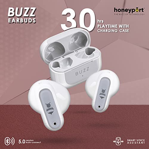 Image of Honeyport HP Buzz Earbuds - TWS Bluetooth Earbuds with Smart Voice Assistant, Active Noise Cancellation, 30-Hour Playtime, IP4X Sweatproof (White)