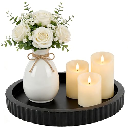 KAYUMONA Modern Decorative Tray for Coffee Table 11 Wooden Black Round Small Decor Tray for Candle Perfume Vanity Kitchen Island Counter & Table Centerpiece